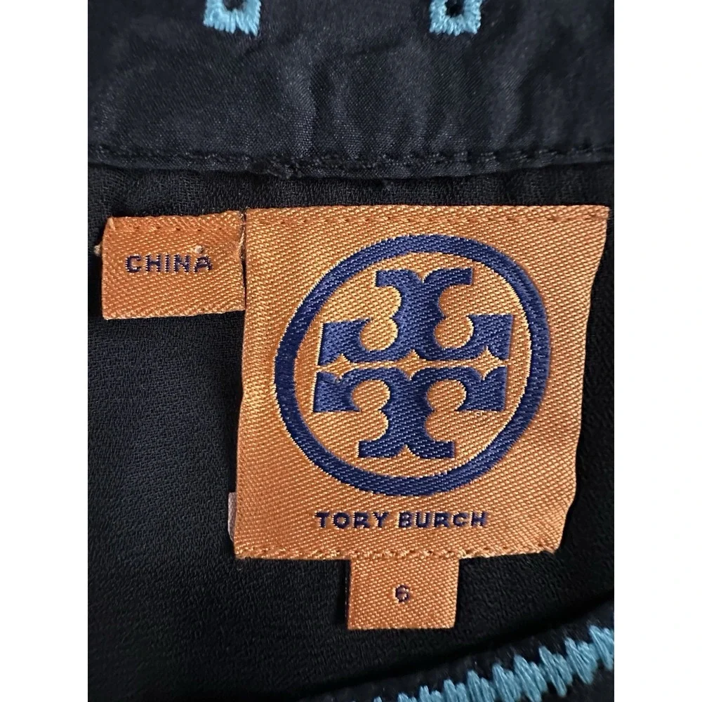 Tory Burch Lottie Size 6 Black‎ Turquoise Embroidered Silk Tie Belt Shift Dress
